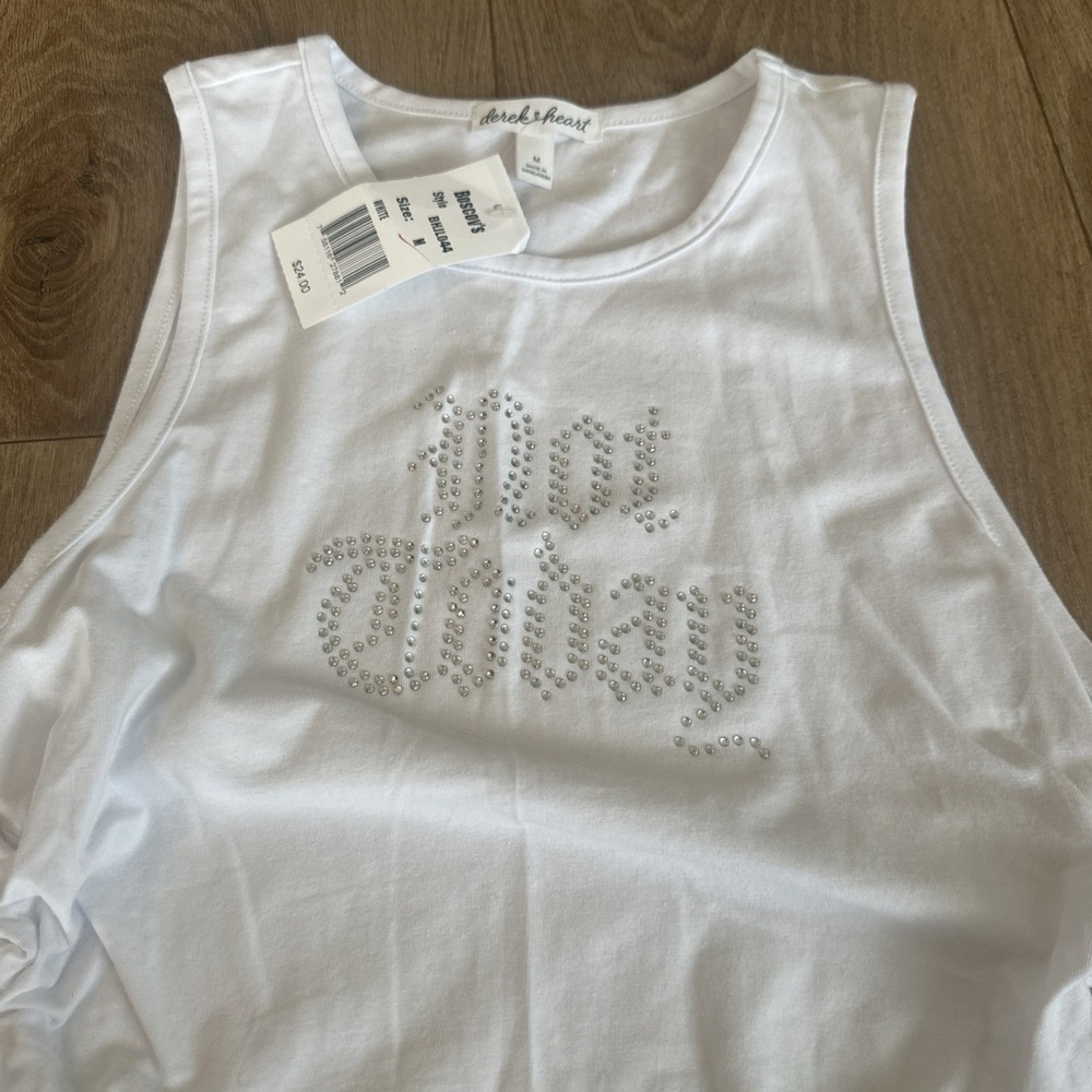 Derek‎ Heart 'Not Today' Junior's Rhinestone Cinch Sides White Tank Medium NEW